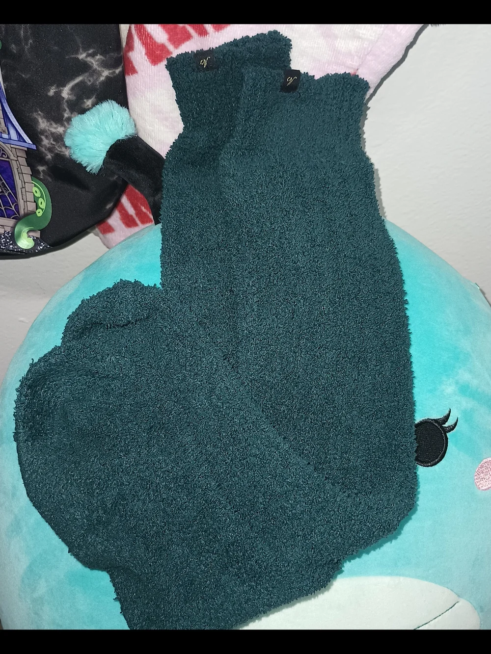 VICTORIA SECRET FOREST GREEN LONG FUZZY SOCKS WITH V LOGO ON EACH ONE
